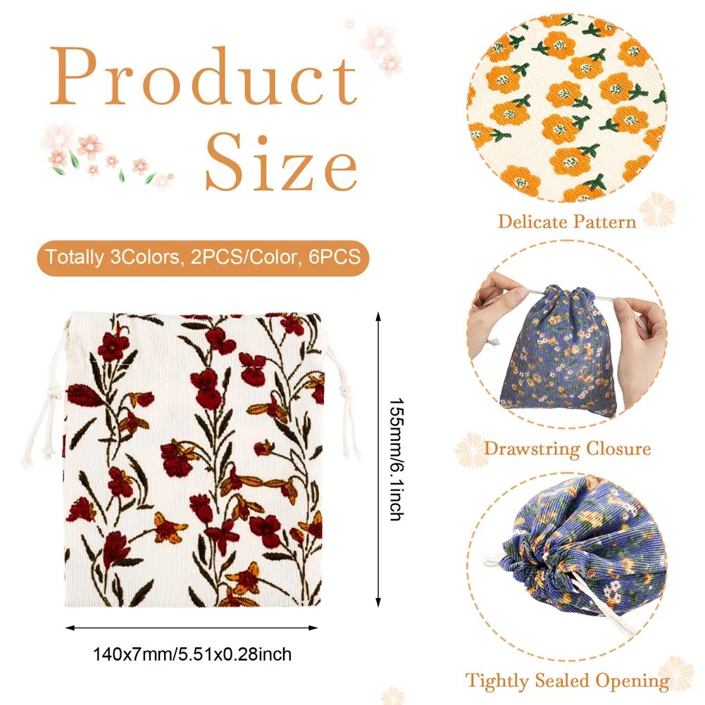 6pcs Flower Printed Polyester Storage Bags Rectangle Mixed Color Drawstring Bag for Jewelry Craft Packing Supplies 155x140x7mm