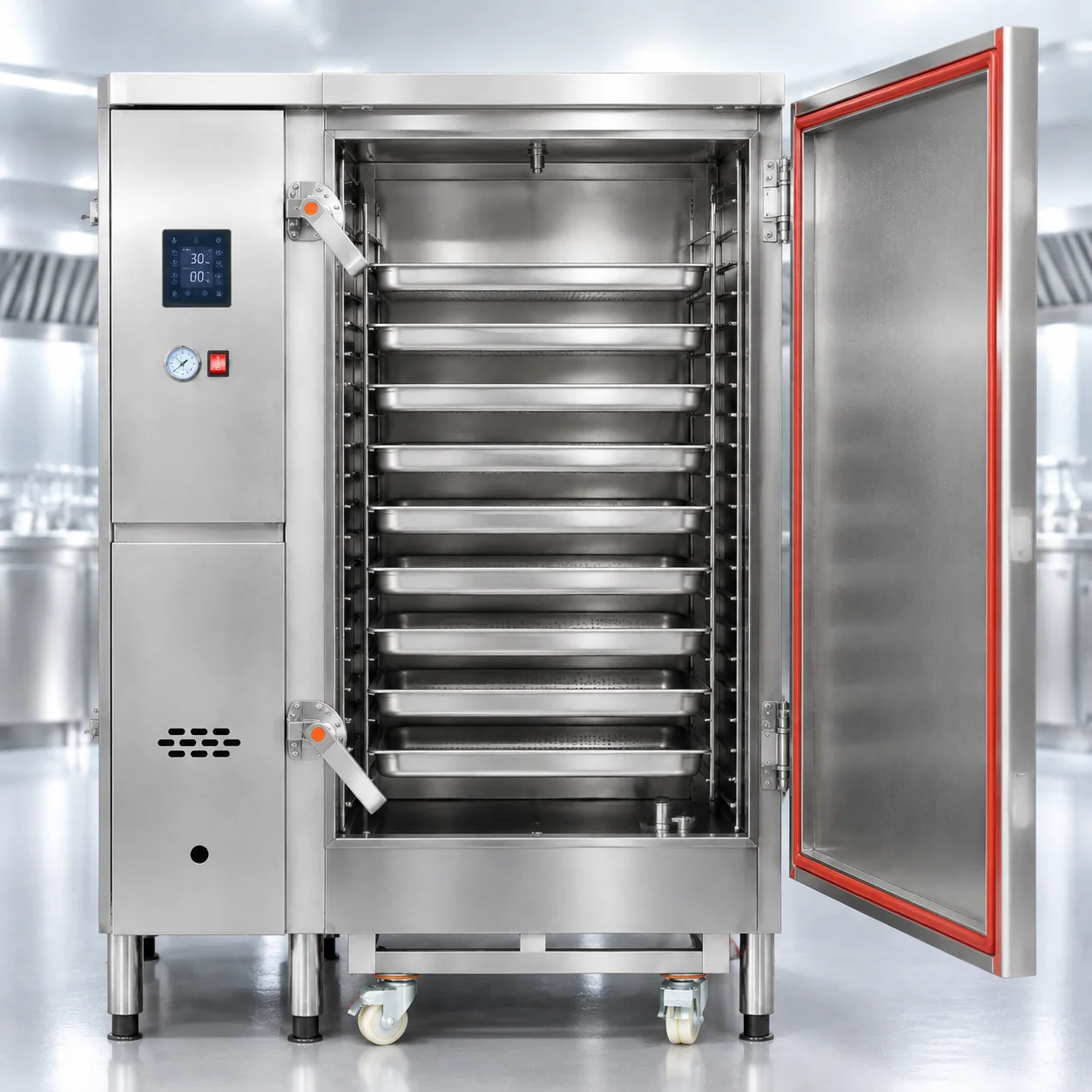 In-Smart ISMT-R Commercial Electric Trolley Steamer 12 Trays Stainless Steel 220V 120W Steaming Buns Rice Cakes Fish Gyoza