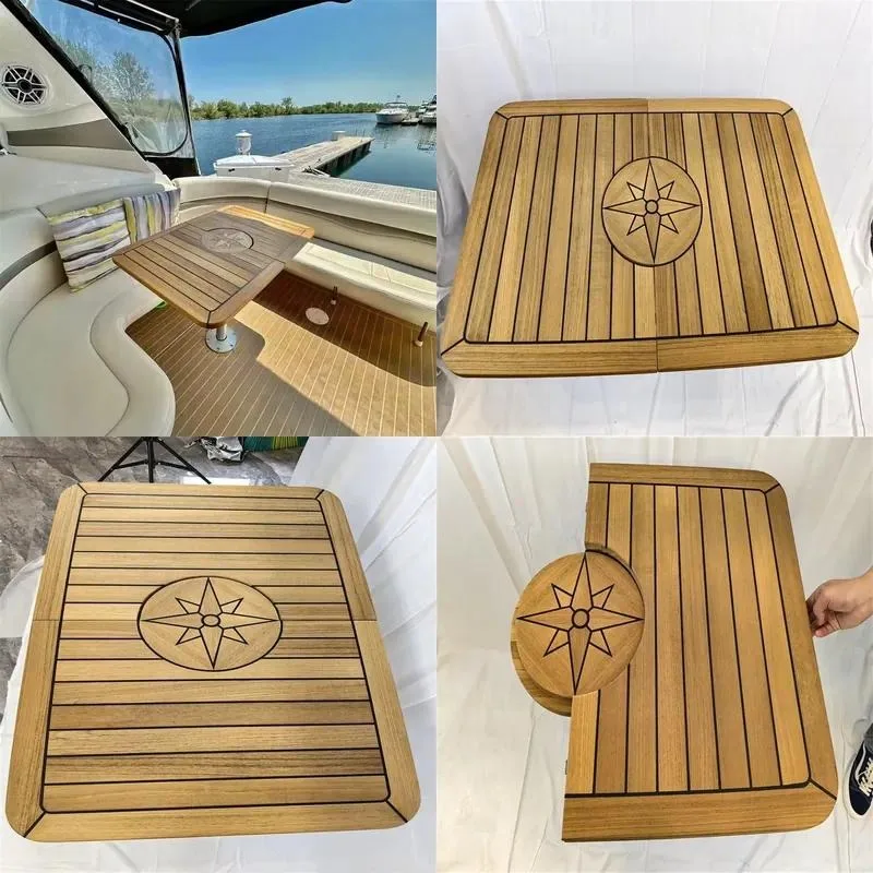 Barrel Folding Teak Table Top 480/960x650mm Star Inlaid for Marine Boat Car Caravan Yacht