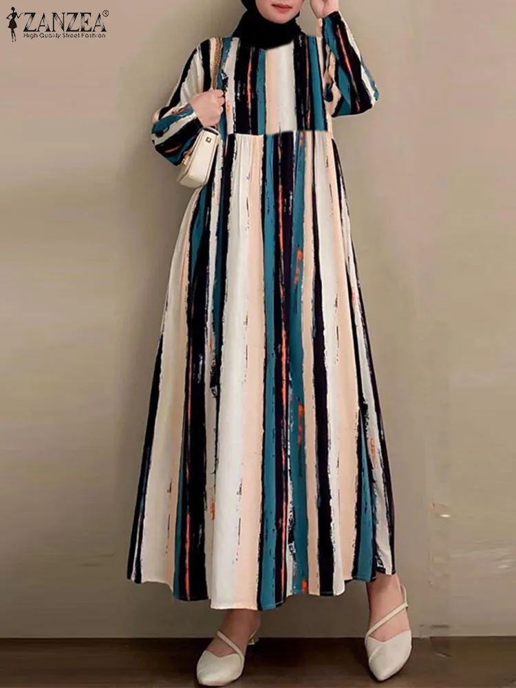 

ZANZEA Casual Women Long Robes Kaftan Muslim Long Sleeve Loose Holiday Vestido Abaya O-neck 2024 Vintage Striped Maxi Dresses