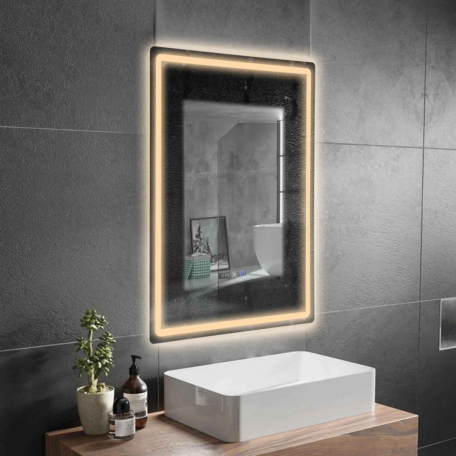 Tri-Color Dimmable LED Bathroom Mirror with Display Demist Touch IP54 Waterproof Wall Mounted Rectangle Makeup Mirror 3 size