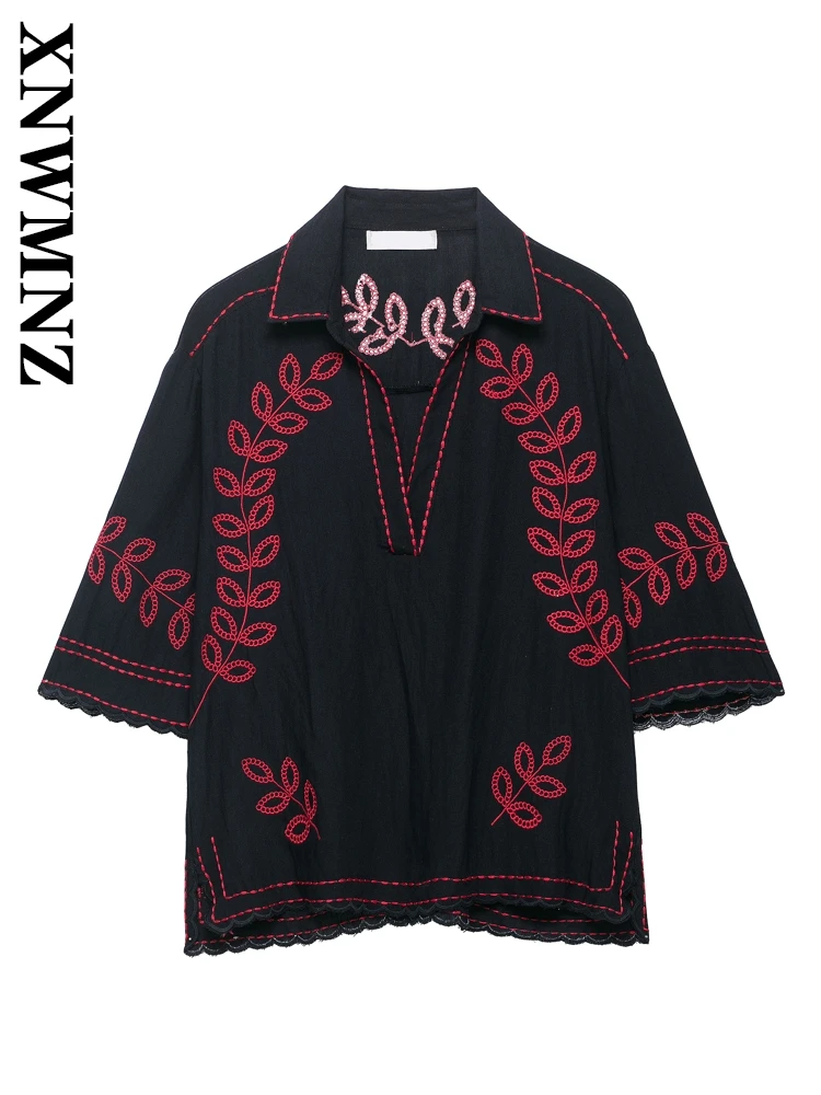 

XNWMNZ 2025 Summer New Woman Casual Chic Turn-down Collar half Sleeve Pullover Simple Women Clothing Black Blouses Vintage Shirt