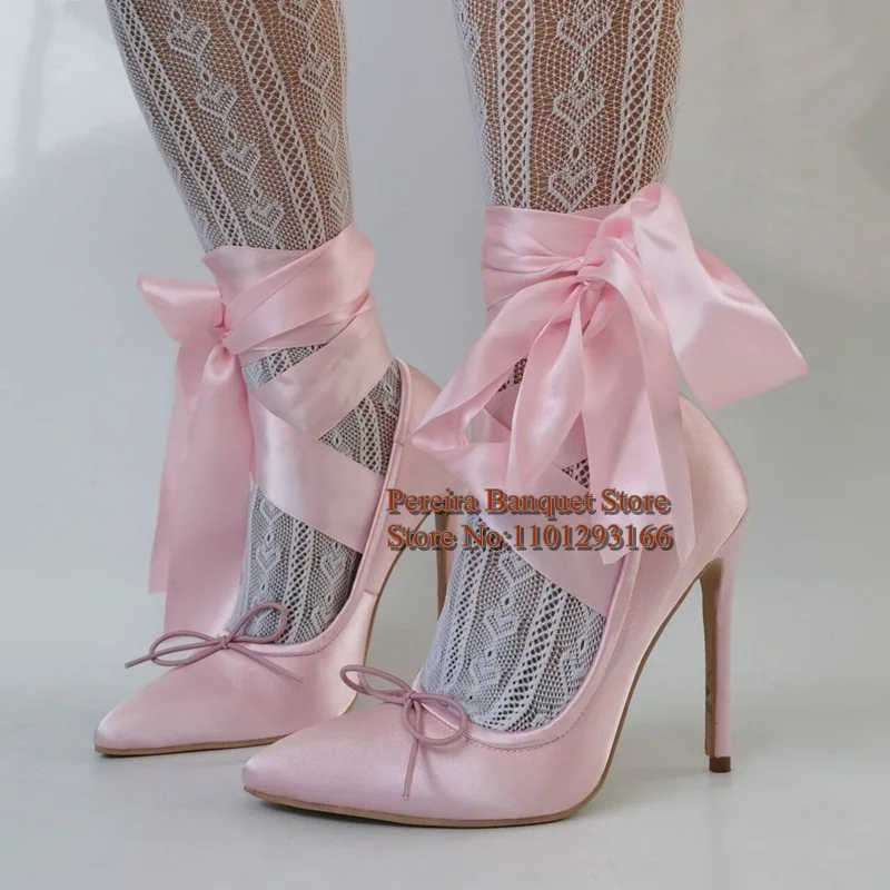 Pink Satin Ribbon Ankle Wrap High Heel Pumps Butterfly Knot Bow Women Shoes Slip On Pointed Toe Hollow Party Shoes