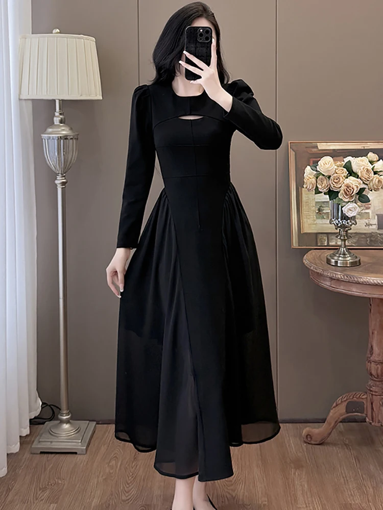 

Осень-зима, черное ажурное лоскутное шифоновое длинное платье, женское элегантное роскошное платье для выпускного вечера 2025, корейские винтажные платья Хепберн