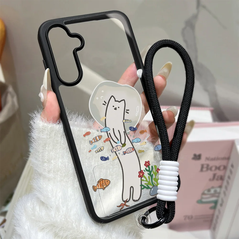 Cute Cat Phone Case For Samsung A57 A16 A56 A17 A07 A37 A55 A54 A36 A26 A35 S26 S25 Ultra S24 FE S23 Lanyard Matte Clear Cover