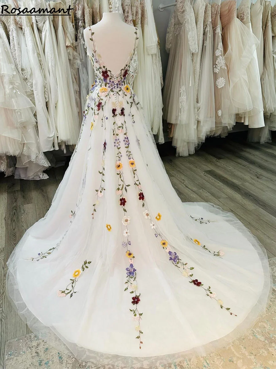 Beautiful Colorful Flower Wedding Dress Boho Fairy tale A Line 3D Florals Rustic Country Bridal Gowns Tulle Whimsical Bride 2024