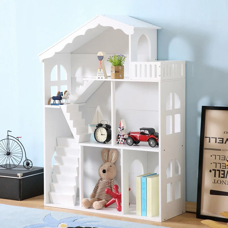Children's doll solid color staircase combination bookshelf toy house wooden storage cabinet rack floor type multi-layer wooden image 2