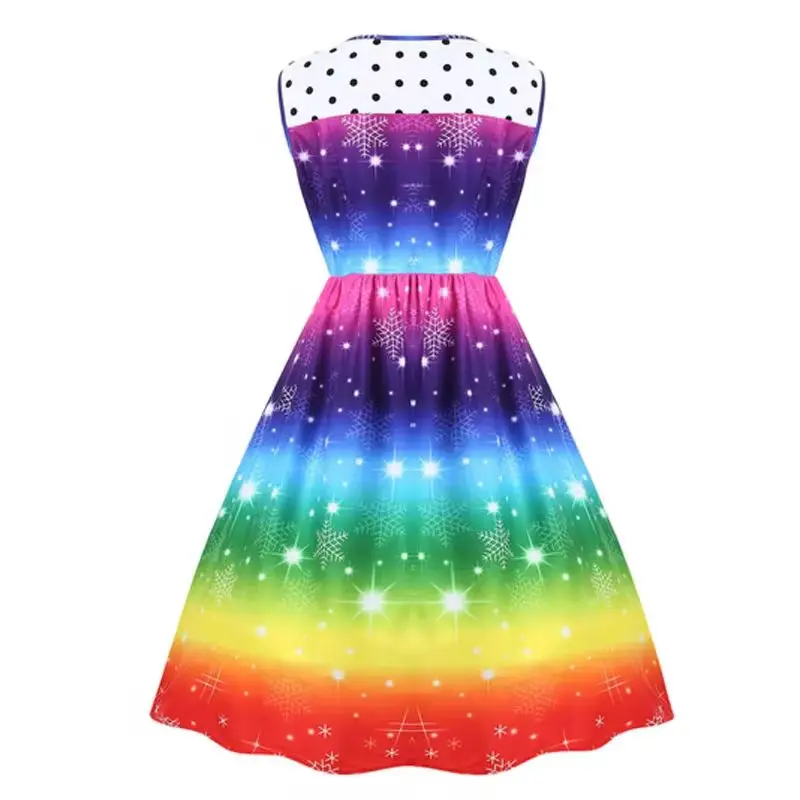 Women Colorful Pattern Printing Christmas Dress, Dot Bright Vintage Sleeveless Rainbow Print Party Swing Gown Skirt