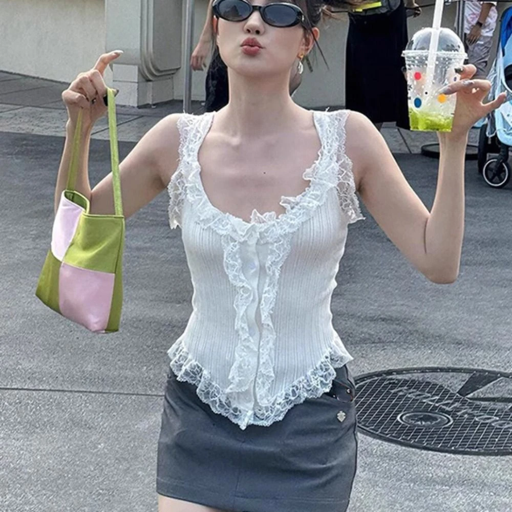 

Fashion Y2k Lace Knitted Crop Top Sweet Tank Women's Knit Vest Top Undershirt Korean Style Sleeveless Camisole Summer