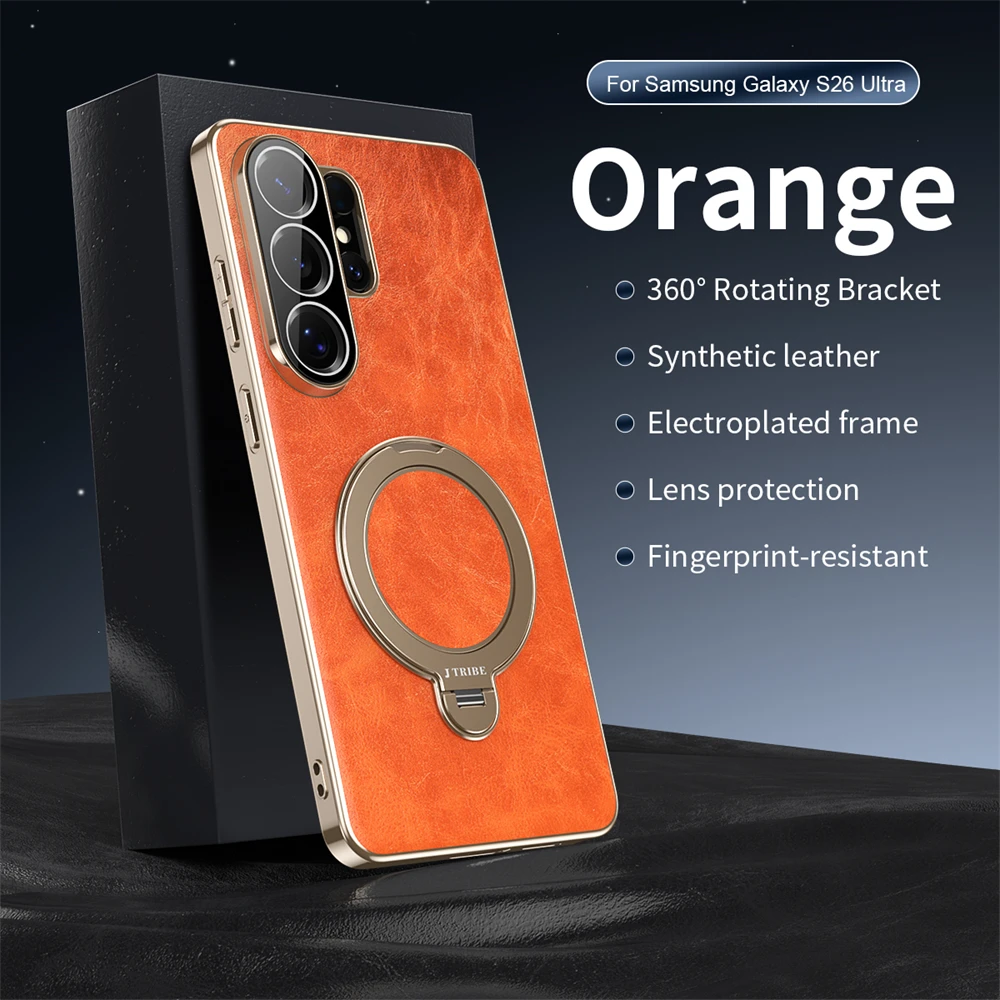 High-end Leather Case 360 Rotating Metal Stand Holder for Samsung Galaxy S26 S25 S24 Ultra Magnetic for Magsafe Solid Cover