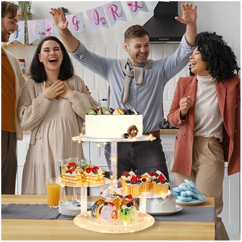 Clear Acrylic 4-Tier LED Cake Stand with Soft Light – Round Cupcake Tower Display for Desserts, Birthday, Wedding, Christmas & V