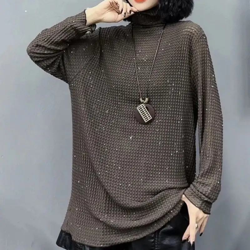 Fashion Sequined Pullovers Casual Pile Collar Female Clothing All-match Solid Color Spring Autumn Korean Commute Loose T-shirt