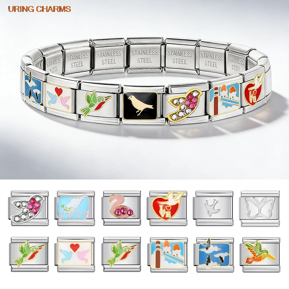 Fashion Trend Small Animal Seagull Goose Woodpecker Italian Charm Link Fit 9mm Stainless Steel For Women Men Bracelet DIY Making