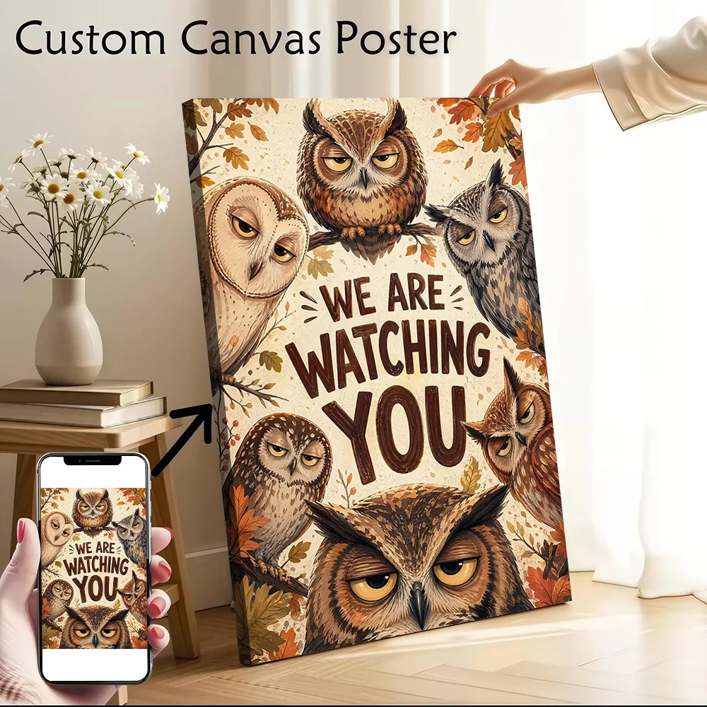 Owls Watching You Autumn Poster Customizable Printed Canvas Painting for Pictures Wall Art Room Decorating Interior Decoration