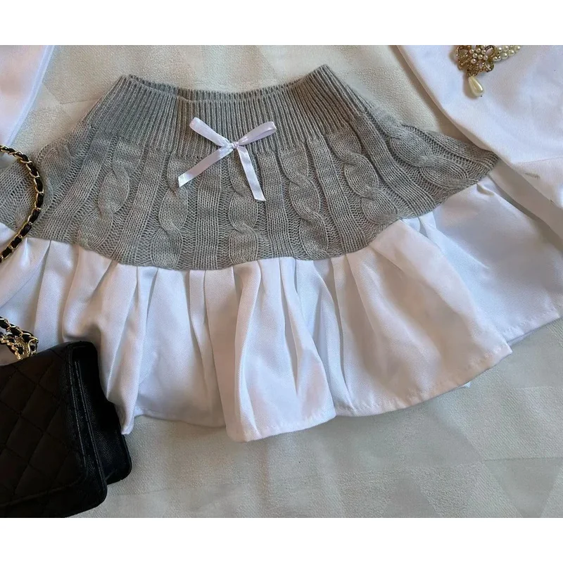 2025 Y2k بدلة تنورة جديدة Harajuku موضة قطعتين مجموعة المرأة القوس محبوك بأكمام طويلة البلوز Kawaii مثير Mini Sk eqs9X