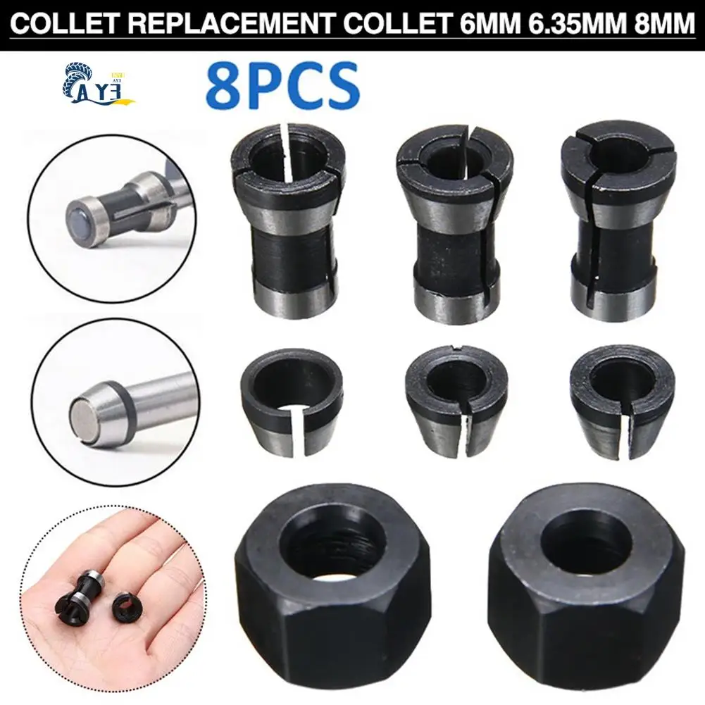 

AY03-8Pcs High Precision Adapter Collet Set 6Mm/6.35Mm/8Mm Collet Chuck Engraving Trimming Machine Router Milling Cutter Tool