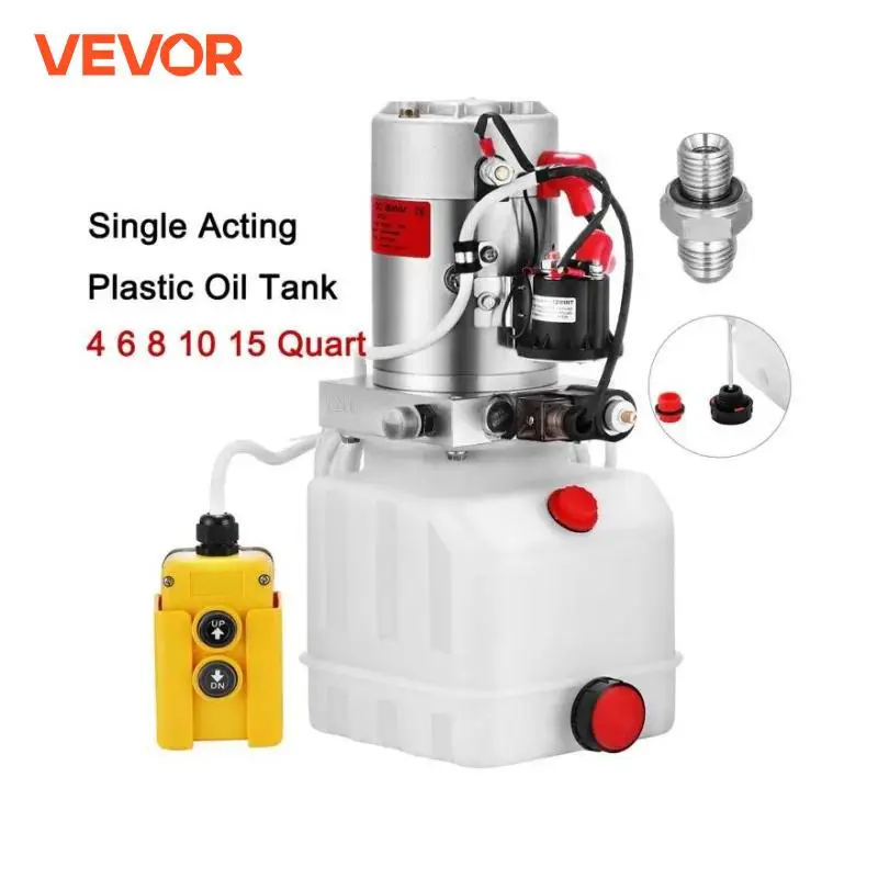 VEVOR 12V DC Hydraulic Pump Single Acting With 4 6 8 10 15L Plastic Oil Tank for Dump Trailer Tailgate Car Jak Lift Power Unit