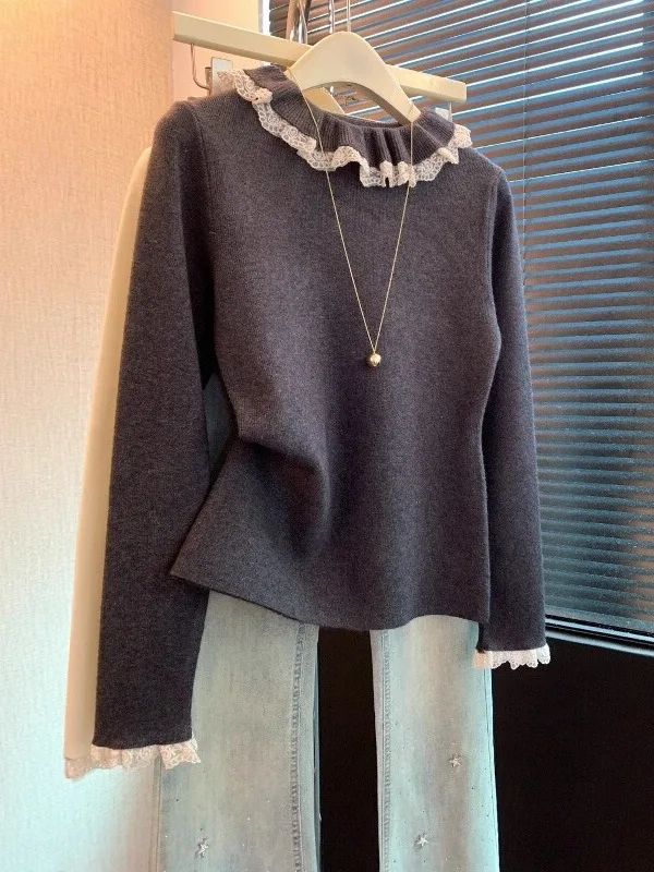 

Женский осенне-зимний корейский вязаный свитер с кружевной отделкой, утепленный базовый слой, толстый топ с воротником