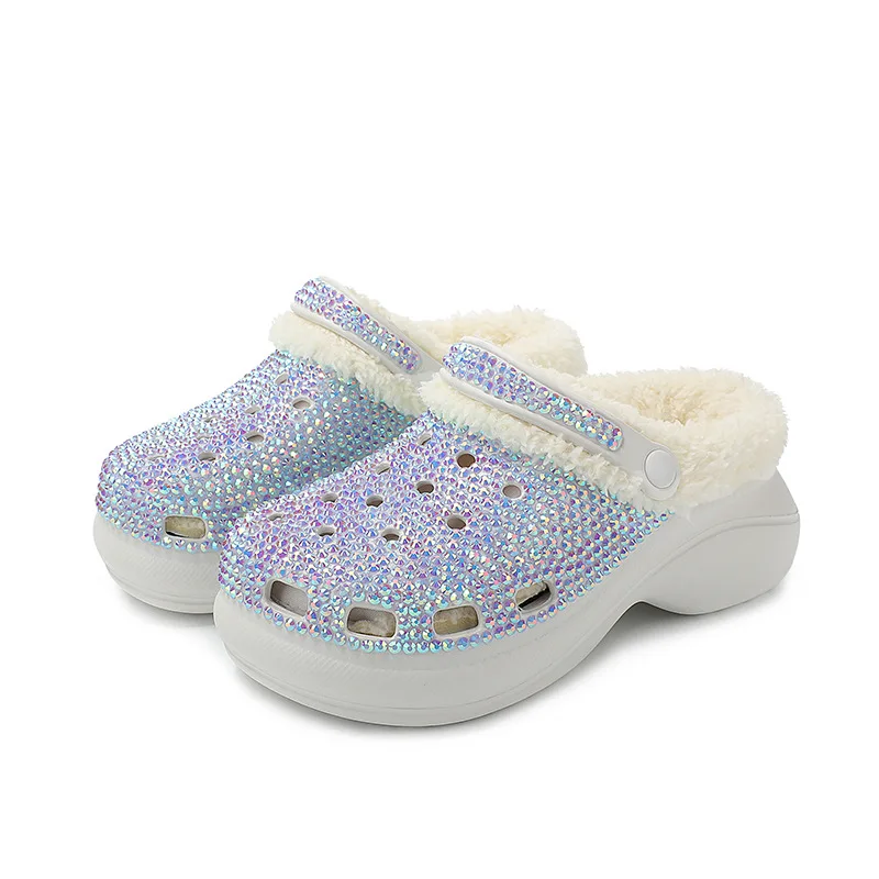 Women Shoes Sparkling Plush Slippers Detachable Furry Hole Shoes Thick Sole for All Seasons Bling Sandals