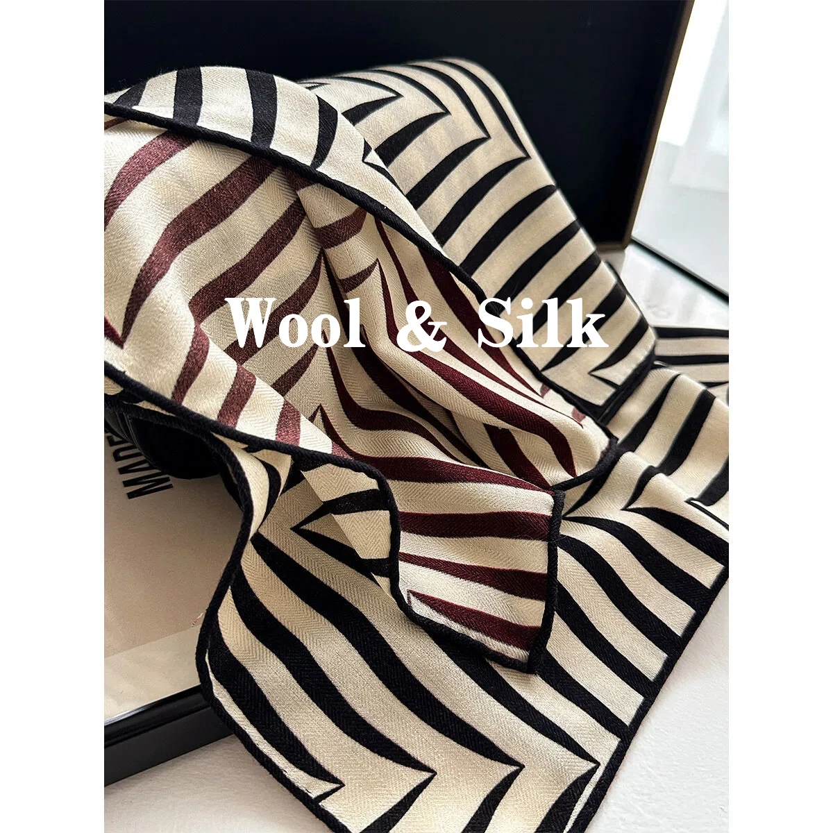 

82% Wool 18% Silk Square Scarf for Women Autumn Neck Scarves Striped Elegant Women Shawl Accessories Man Neck Warmer