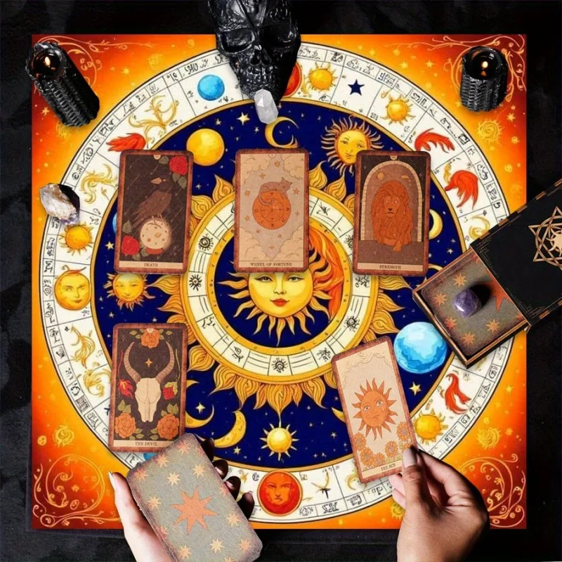 VIKAMA Black Gold Zodiac Wheel Sun Moon Star Tarot Card Tablecloth Mystical Occult Altar Cloth Divination Mat Occult Decor
