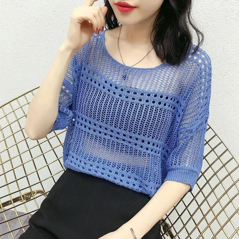 

2024 New Sweater Women Purple Striped Stripes Pullover Thin Knitting Korean Version Loose Hook Hollow Jumper Casual Top ZJ04