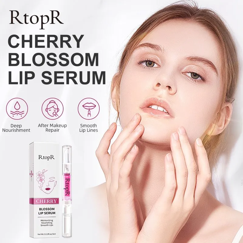 

RtopR Cherry Blossom Lip Serum Reduce Lip Fine Lines Essence Lip Mask Dry Crack Peeling Repair Lip Moisturizing Beauty Care 3ml