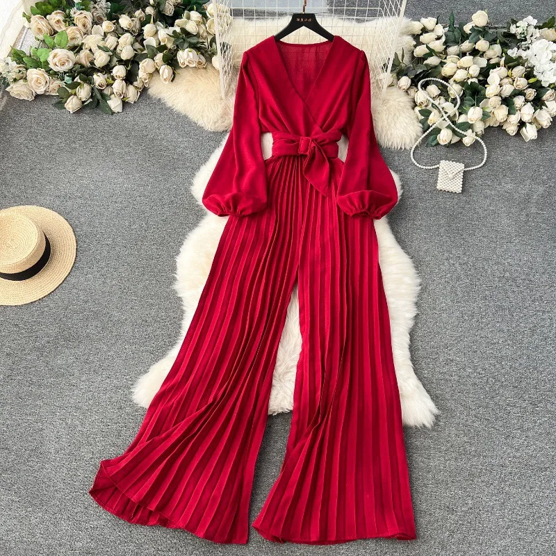 

2025 Autumn V Neck Jumpsuits for Women Long Puff Sleeve Belt Design Loose Wide Leg Pleated Pants Streetwear Fashion OL Bodysuits