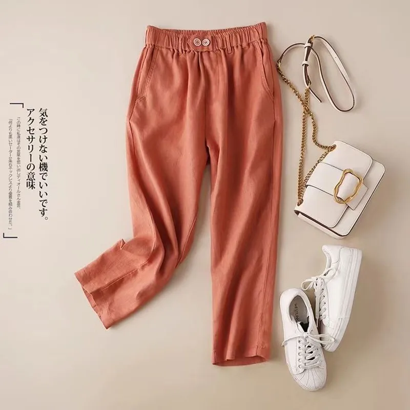 

2023 New Arrival Summer Arts Style Women All-matched Cotton Linen Calf-length Pants Casual Loose Elastic Waist Harem Pants P541