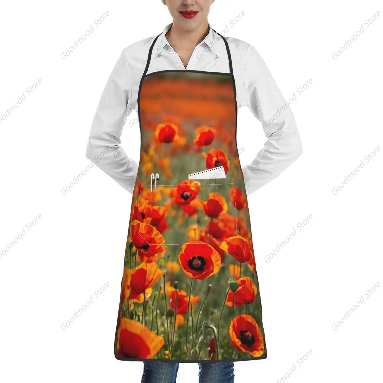 Poppy Flowers Print Cooking Aprons Grilling Bbq Kitchen Apron Bib Waterdrop Resistant With Pockets For Chef