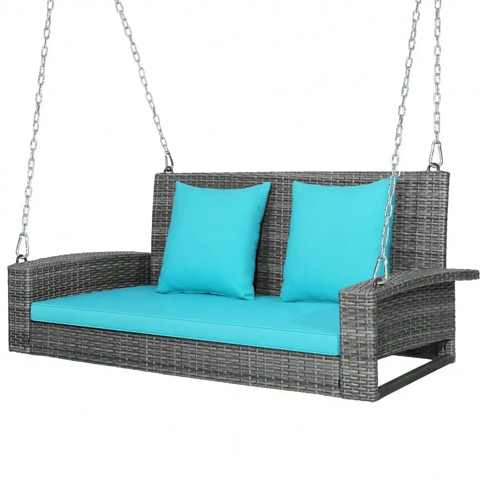 

2-Person Patio PE Wicker Hanging Porch Swing Bench Chair Cushion 800lbs