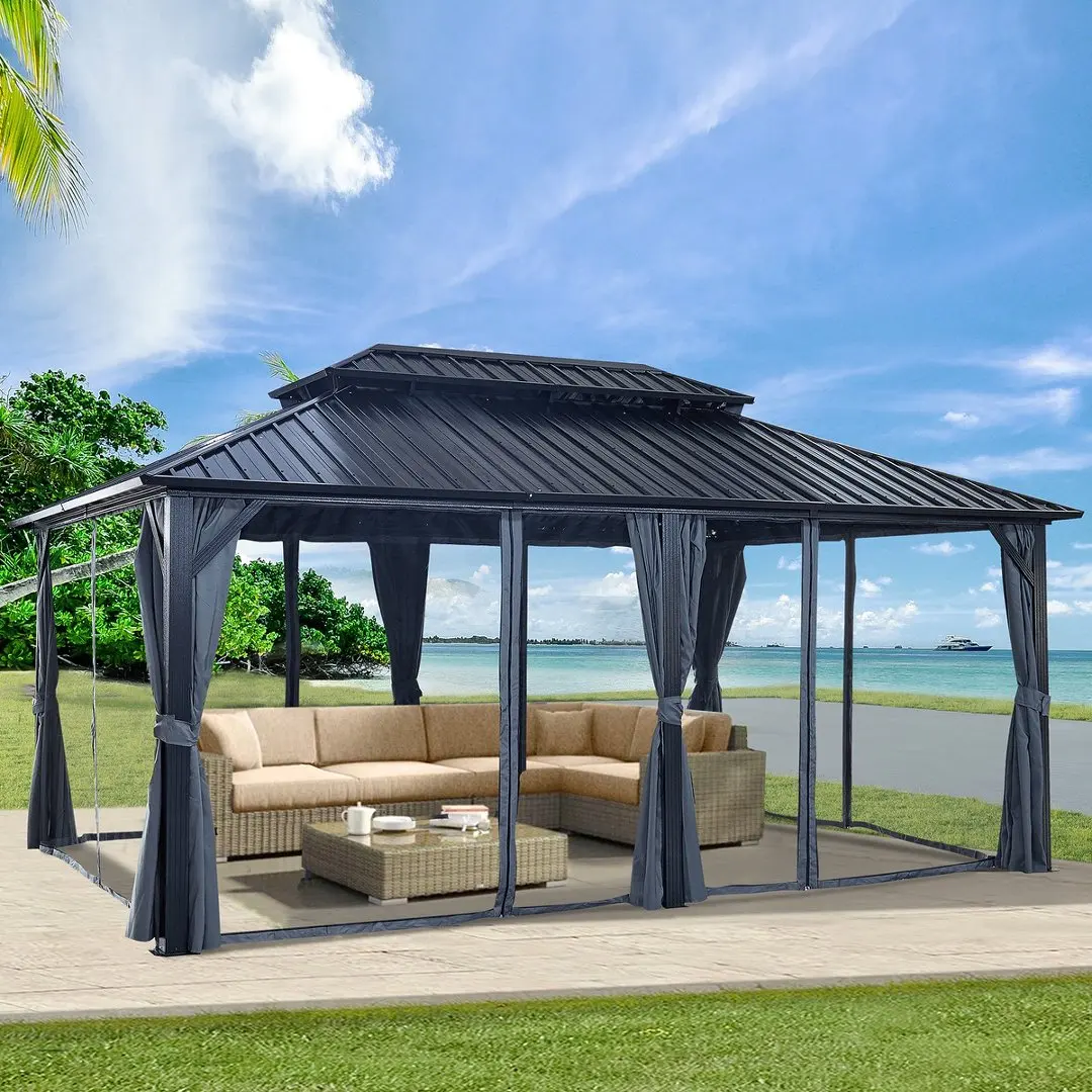 12' x 18 FT Hardtop Gazebo, Double‑Layer Roof Outdoor Patio Gazebo, Heavy‑Duty Aluminum Legs & Galvanized Steel Roof Canopy with Privacy Curtains & Netting for Backyard Lawn Garden Outdoor Events view 6