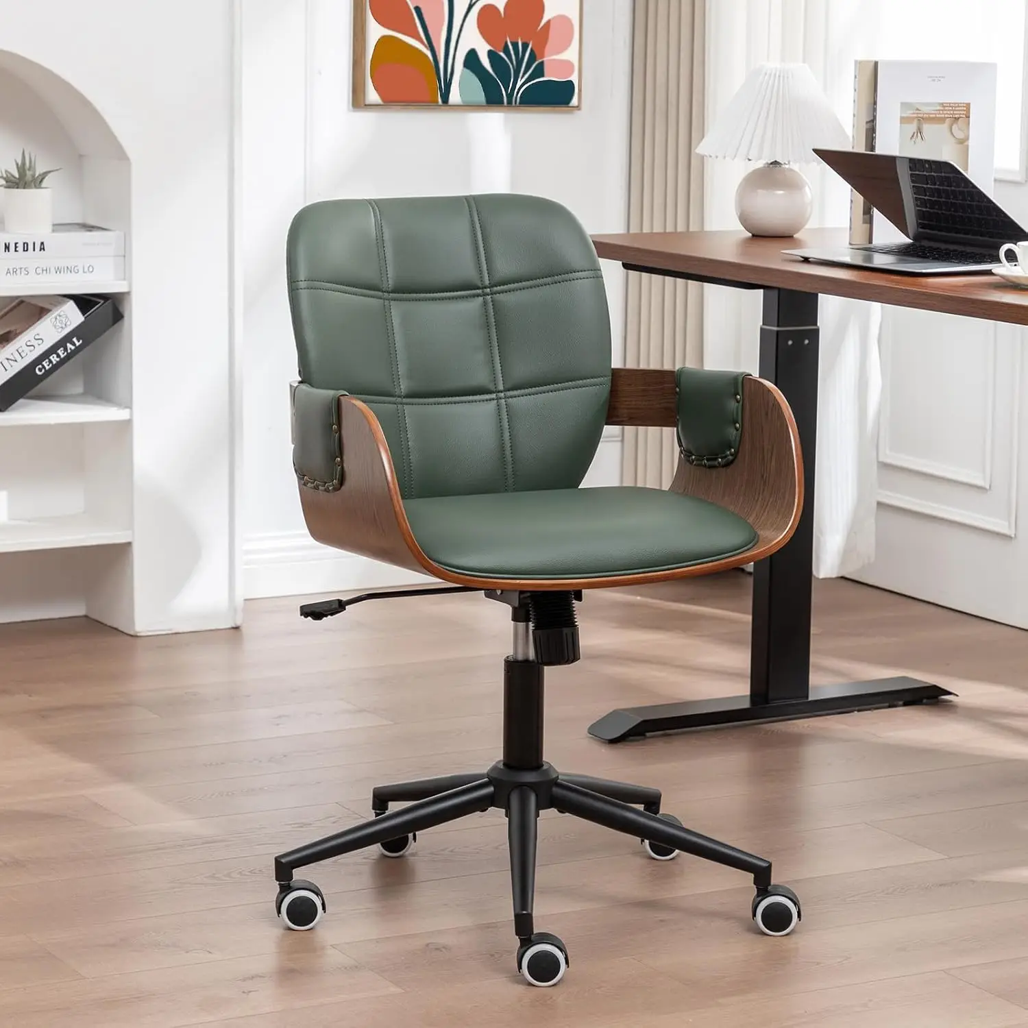 Walnut Green Faux Leather Height - Adjustable Desk Chair with Caster Wheels for Office and Conference Rooms