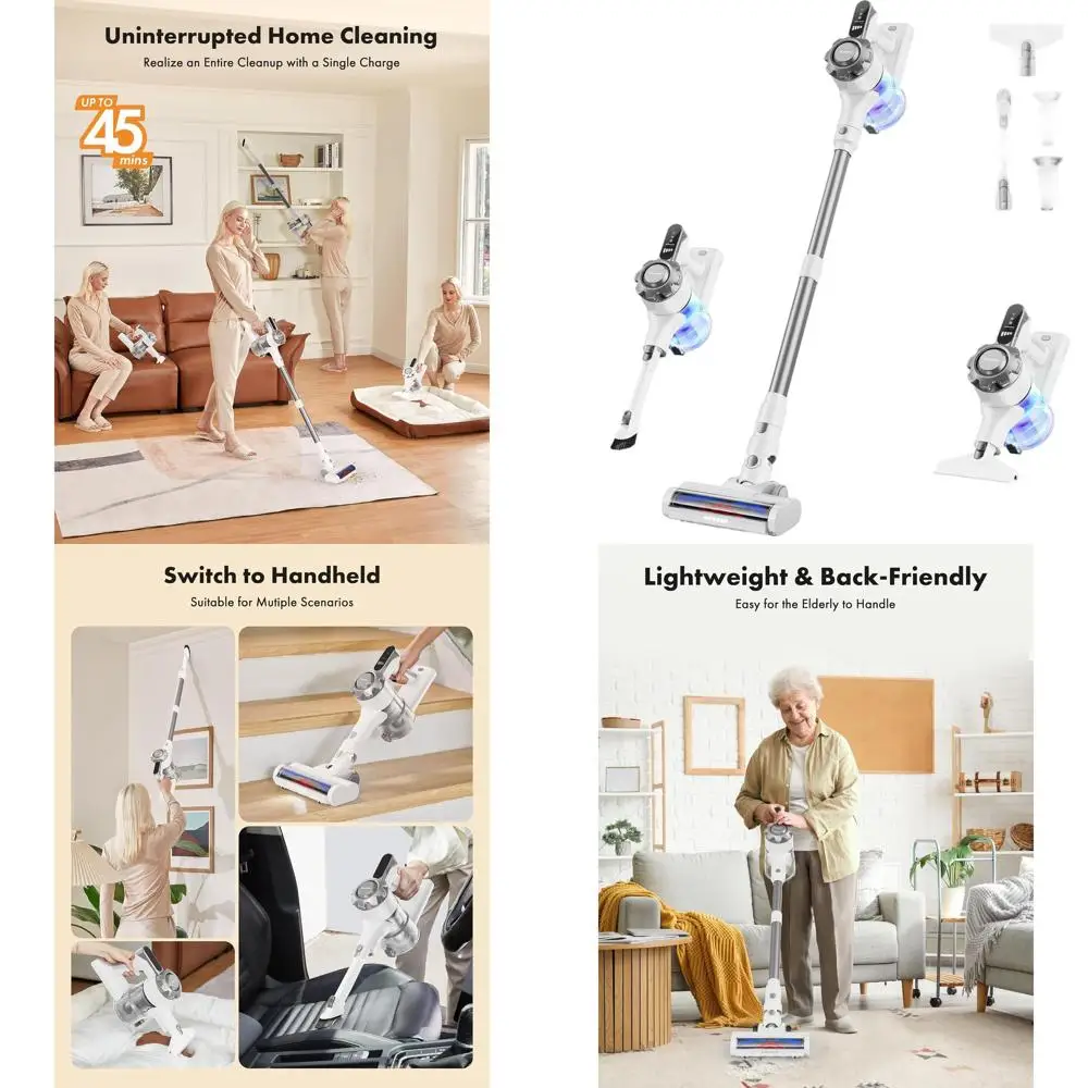 

Легкий беспроводной пылесос 8-в-1, время работы 45 минут, идеально подходит для дома, полов, шерсти домашних животных, белый