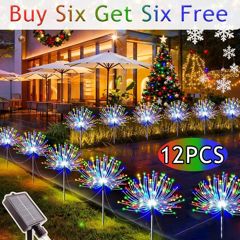

[Buy 6 Get 6 Free] 1000LED Solar Dandelion Firework Lights - IP65 Waterproof Copper Ground Spikes, Ideal for Outdoor Garden And Christmas Yard Decorations