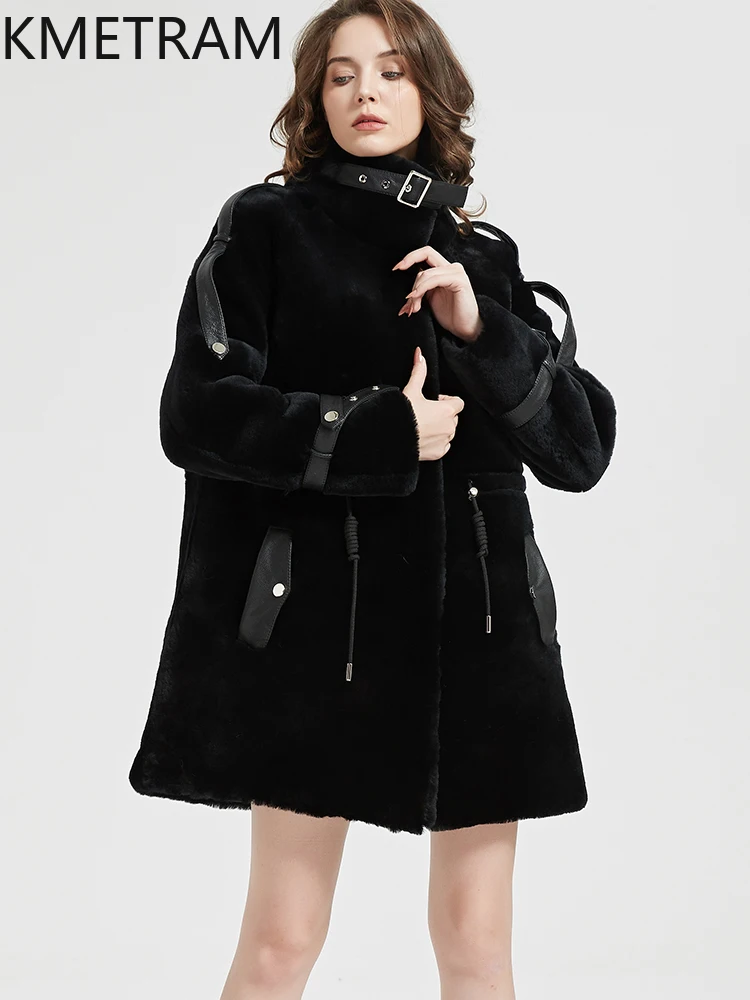 เสื้อโค้ทขนแกะแท้ 100% ผ้าขนสัตว์เมอริโน แบรนด์ KMETRAM สำหรับผู้หญิง สีดำ แจ็คเก็ตคอสูง เสื้อคลุมฤดูหนาวแบบใหม่ ปี 2025 เสื้อกั๊กผู้หญิง
