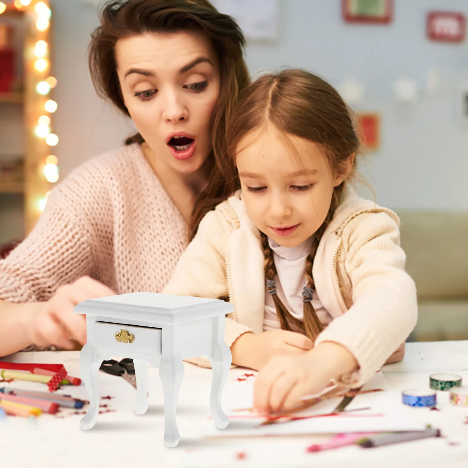 

Miniature Wood Bedside Table Creative Lifelike Design Romantic Mini House Nightstand Decorative Furniture Accessory Mini House