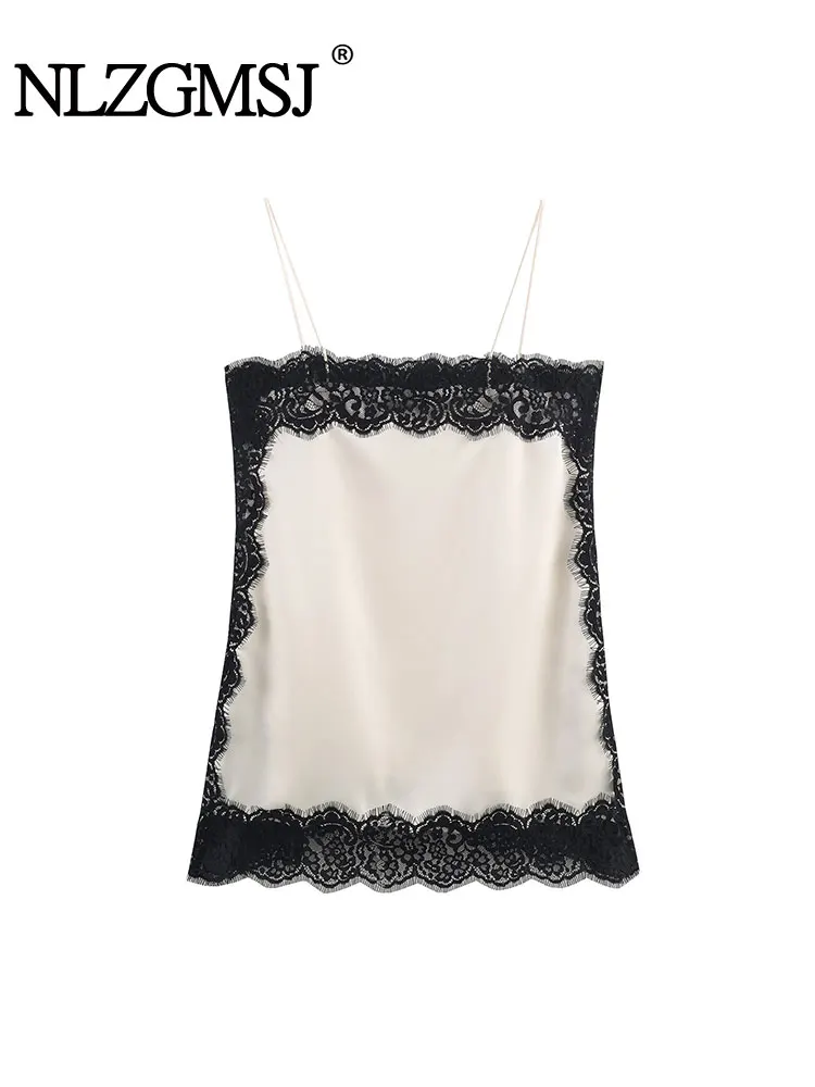 

NLZGMSJ Women Sexy Lace Sling Top 2025 Women New Fashion Sleeveless Satin Lace Splice Women Hight Street Elegant Sling Top
