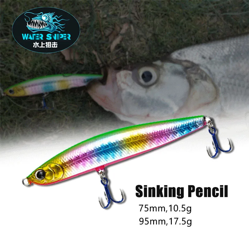 Water Sniper 10.5g 75mm Jerk Pencil Fishing Lure Sinking Bass Fish Baits Wobbler Treble Hooks Artificial Fishing Accessories