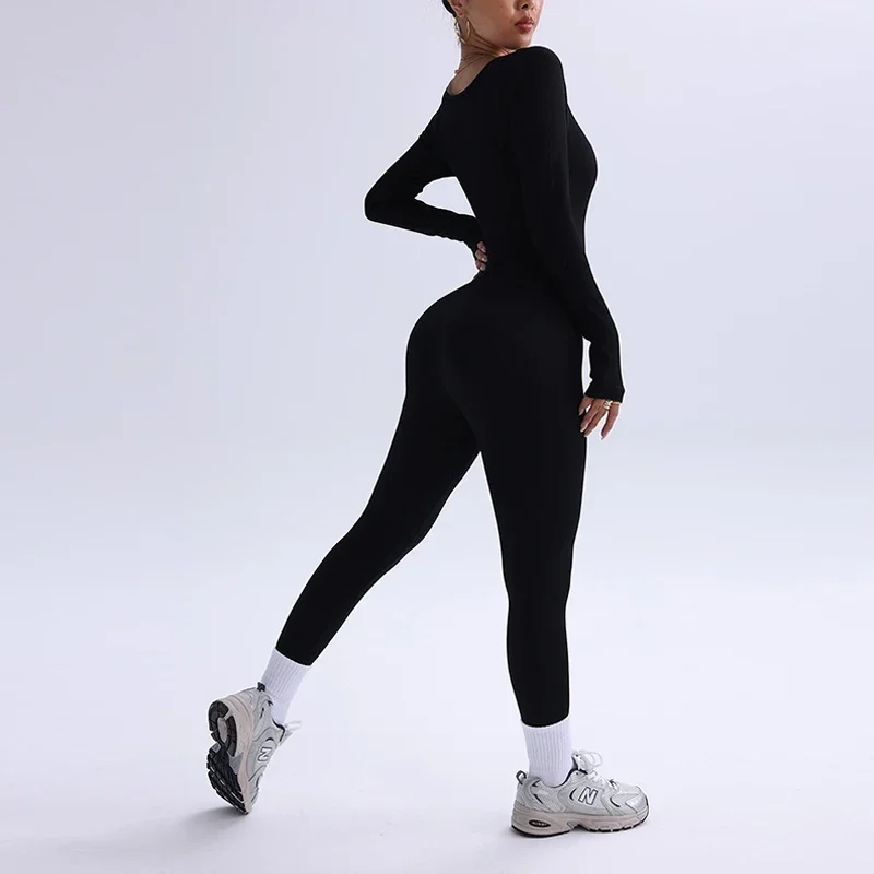 Black Jumpsuits Women Ribbed Longsleeve Sport Romper Female Gym Workout Clothes Fitness Overalls  Sporty Bodysuits Winter