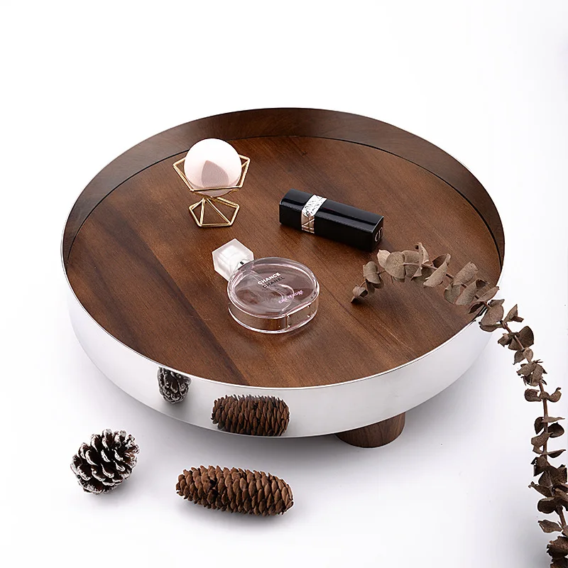 Home Decoration Stainless Steel And Wood Walnut Storage Trinket Tray Ring Dish Jewelry Plate Luxury Perfume Tray Dessert Plate