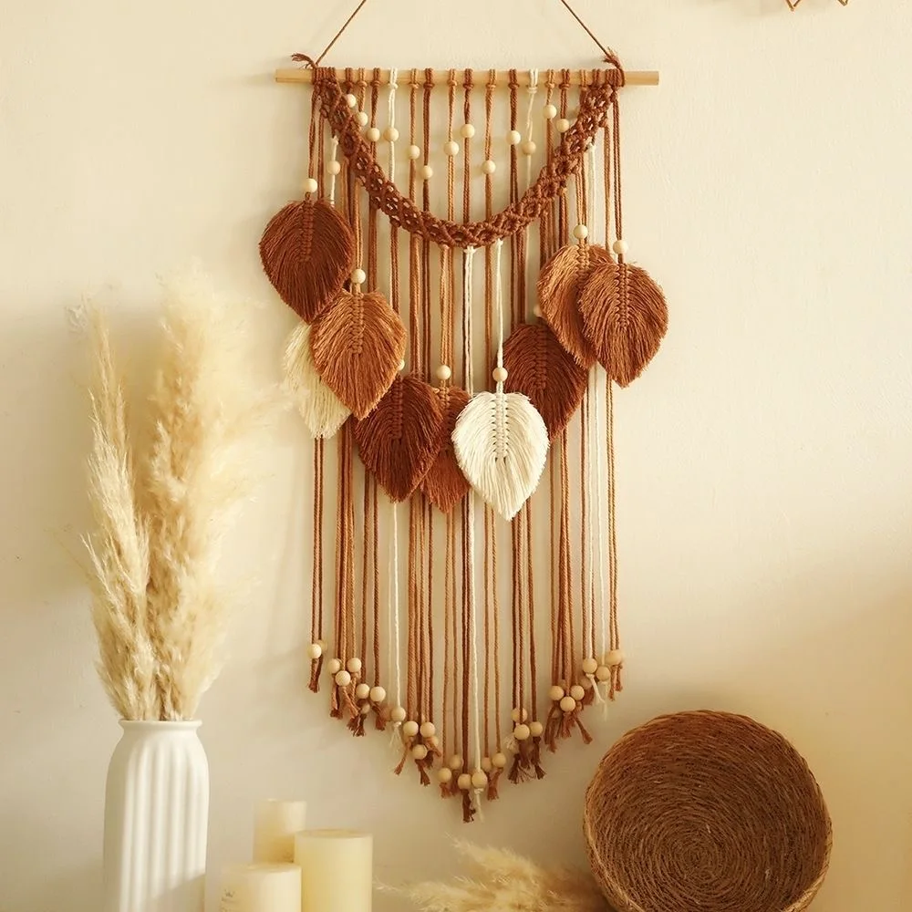 Hand Knitted Leaf Wall Decor, Cotton Rope Tassel Tapestry, Wooden Stick Wall Hanging Bohemian Home Furnishings Wall Decoration.