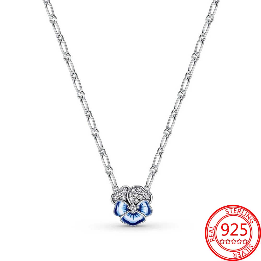 2022 New Pavé Gemstones Blue Pansy Flower Earring Pendant Necklace 925 Sterling Silver Girls Jewelry Necklace Gift