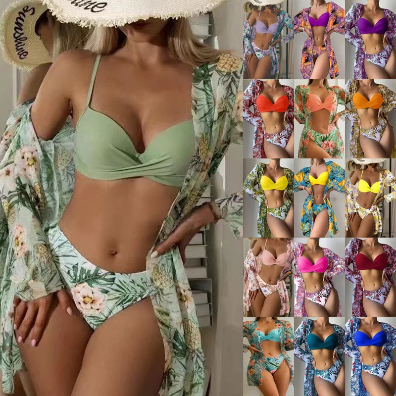 

2025 new three-point three-piece cover blouse long-sleeved split bikini swimming trendy