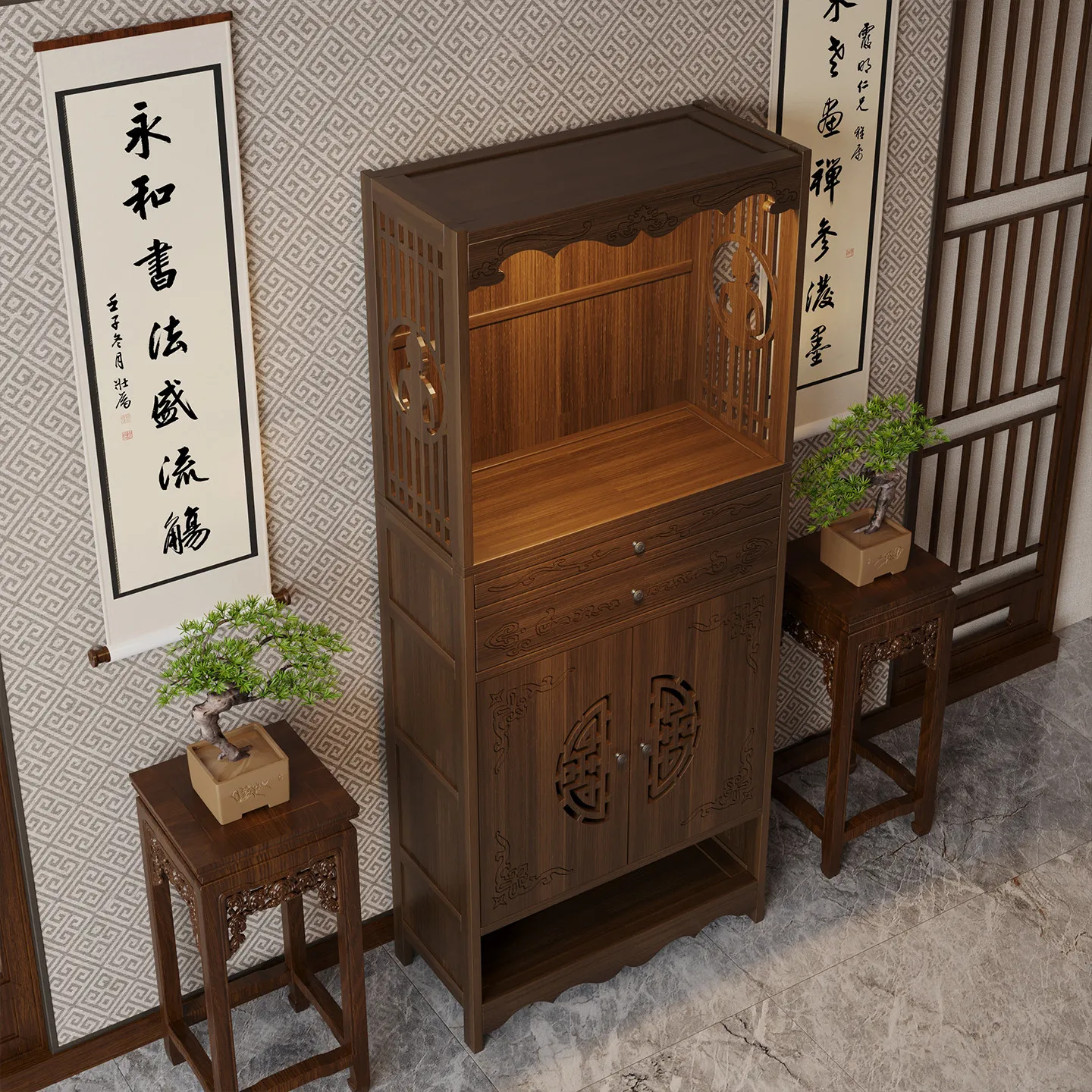 

Cz niche altar new chinoiseriefor home cabinet solid wood incense altar god of wealth statue cabinet worship platform