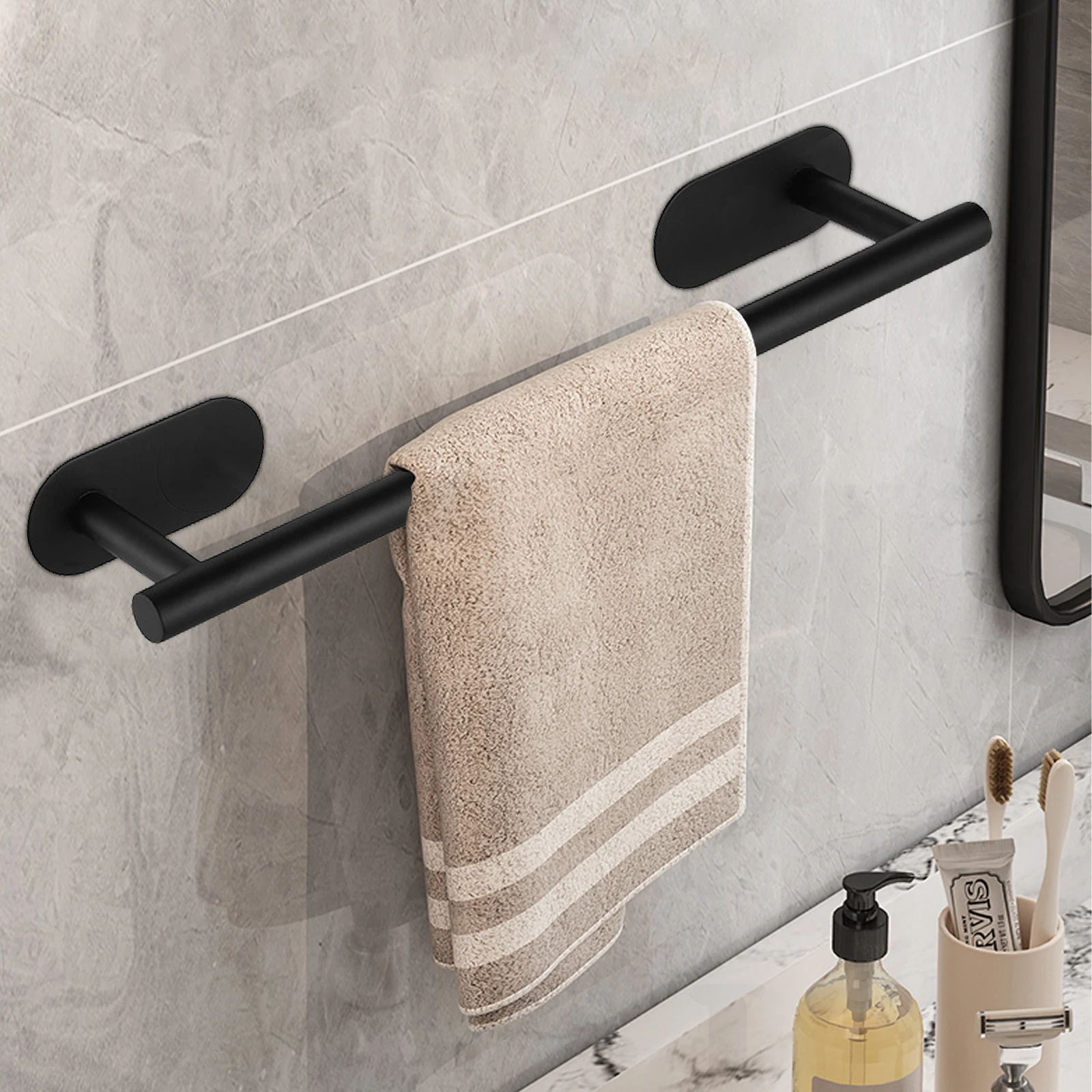 

Black Self-Adhesive Towel Rail Stainless Steel 40 cm Bathroom Hardware Set Accessories No Drilling Guest Towel Holder