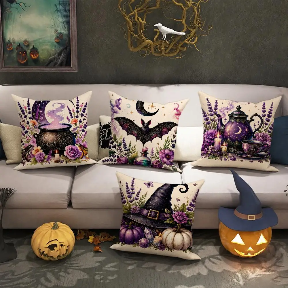 Purple Witch Tea Halloween Gift Cushion Cover Halloween Rustic Throw Pillow Covers, Cute Ghost Pumpkin Maple Leaf Cushion Covers