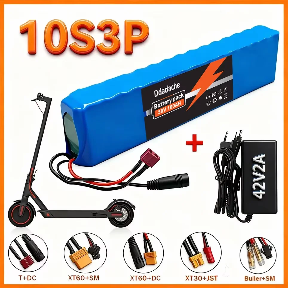 Batterie au lithium rechargeable 36V 100Ah 18650, 10S3P, 1000W, pour vélo, scooter, véhicule électrique, avec BMS + chargeur