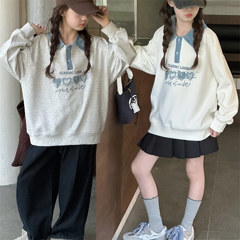 

Retro American Kids Polo Neck Sweatshirt For Teens Girl New Autumn Heart Print Loose Top Kids Trendy Clothing with Denim Collar