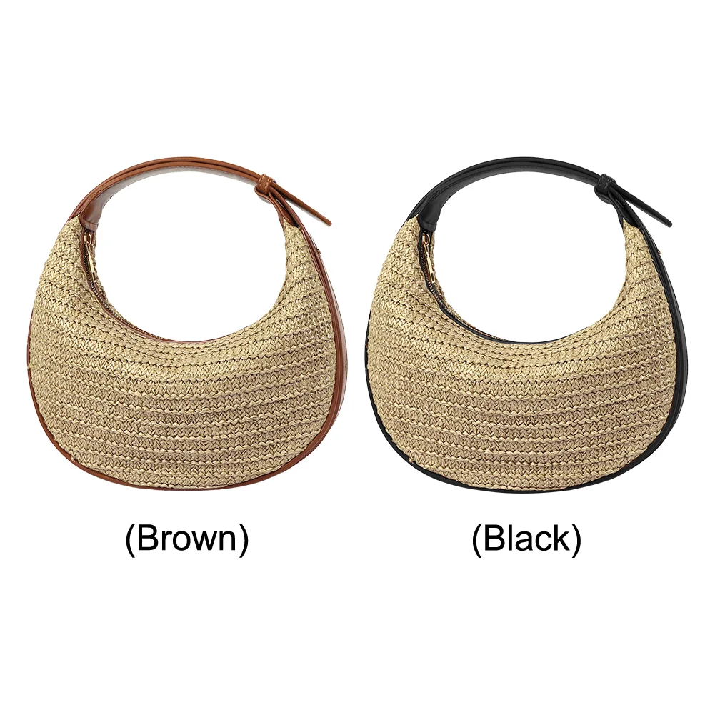 

Women Hand Woven Shoulder Bag Large Capacity Straw Knitting Crescent Bag Wear Resist Straw Travel Handbag Seaside Trip Handbag